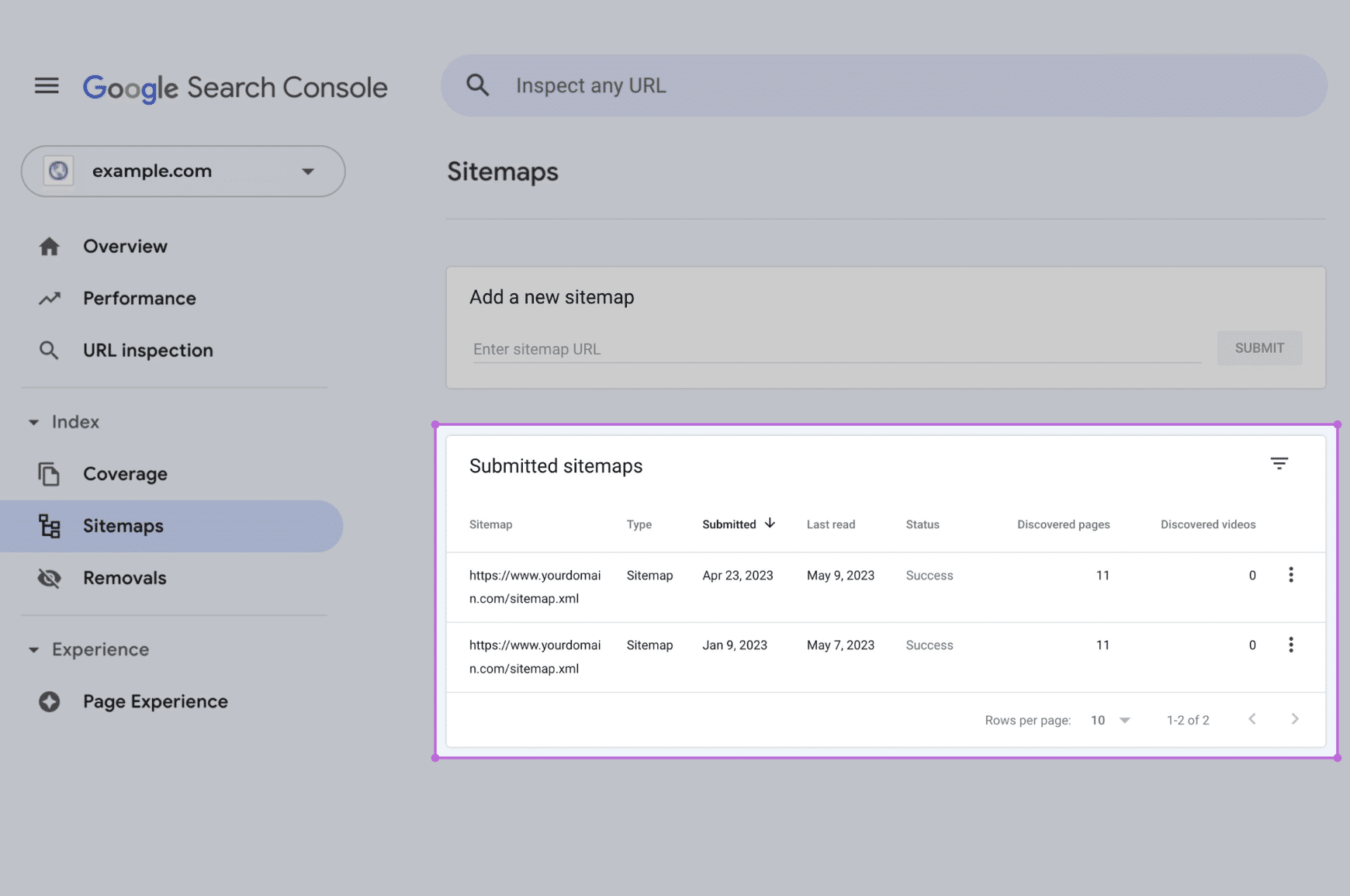 Submitted sitemaps highlighted in Google Search Console