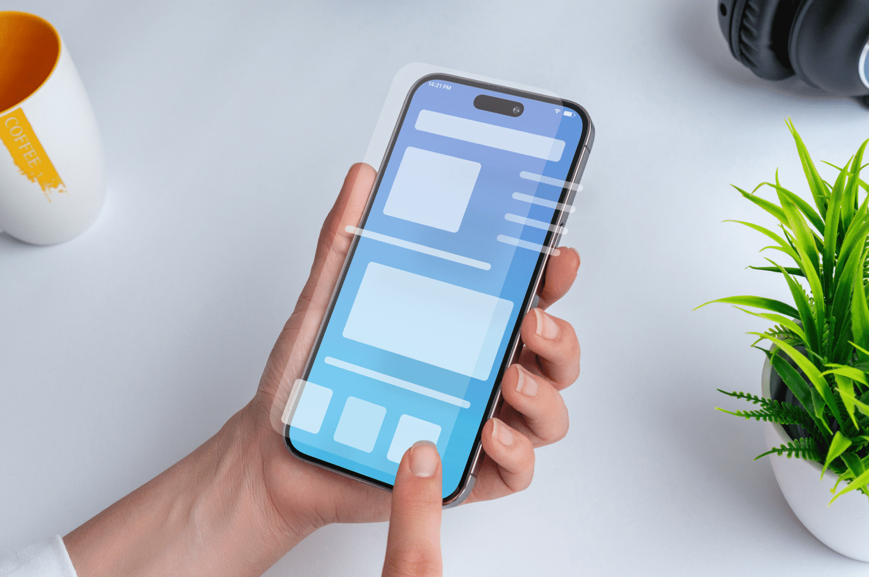 Cell phone showing a mockup template of a user interface