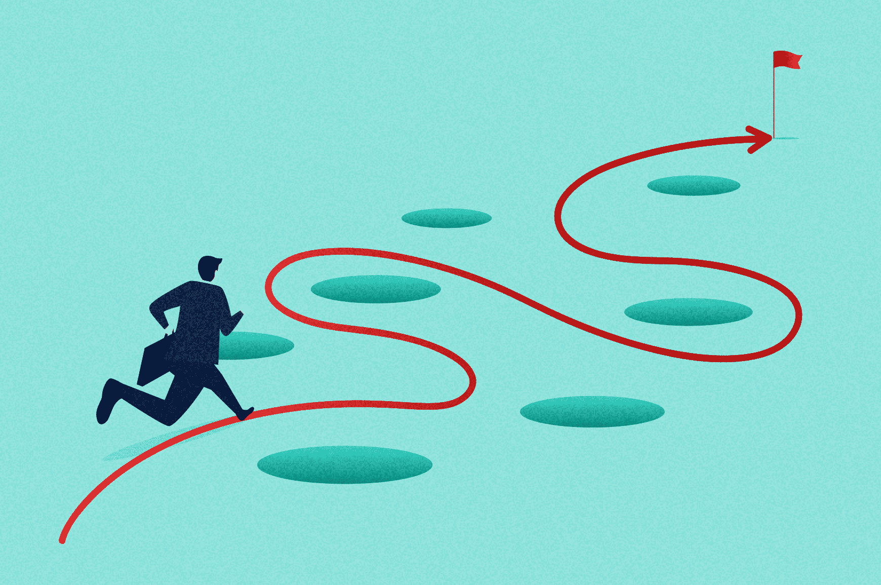 A person following a path that avoids holes to reach his goal