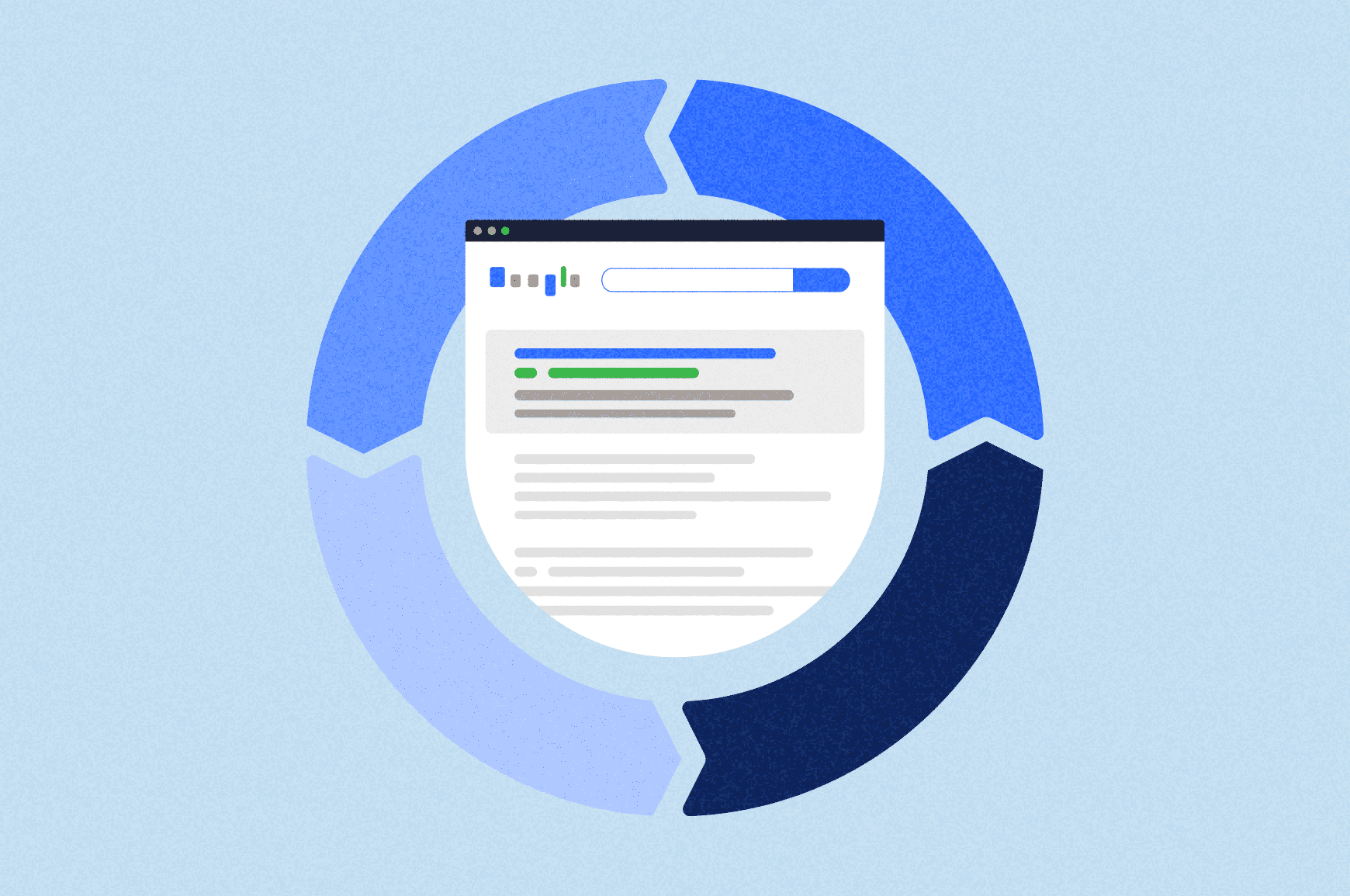 A web page ranking at the top of search engine results page with cycle arrows around it