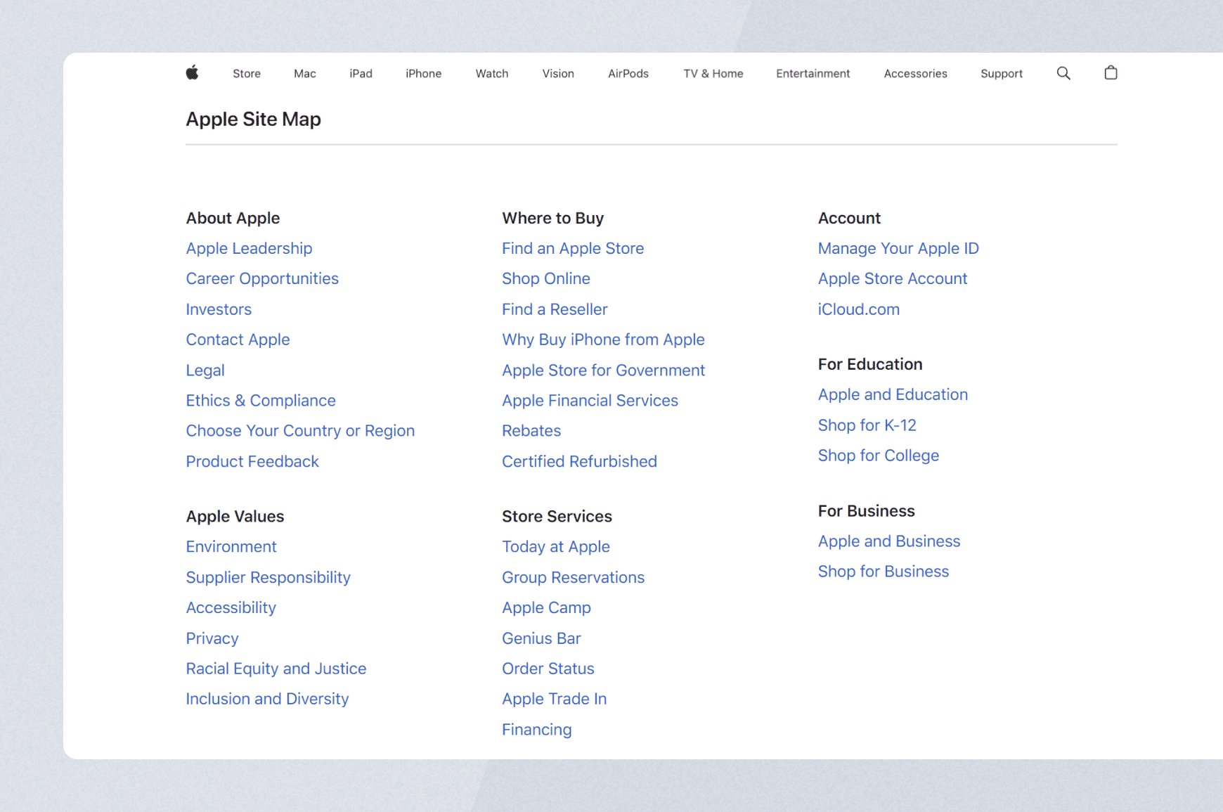 Apple’s HTML sitemap