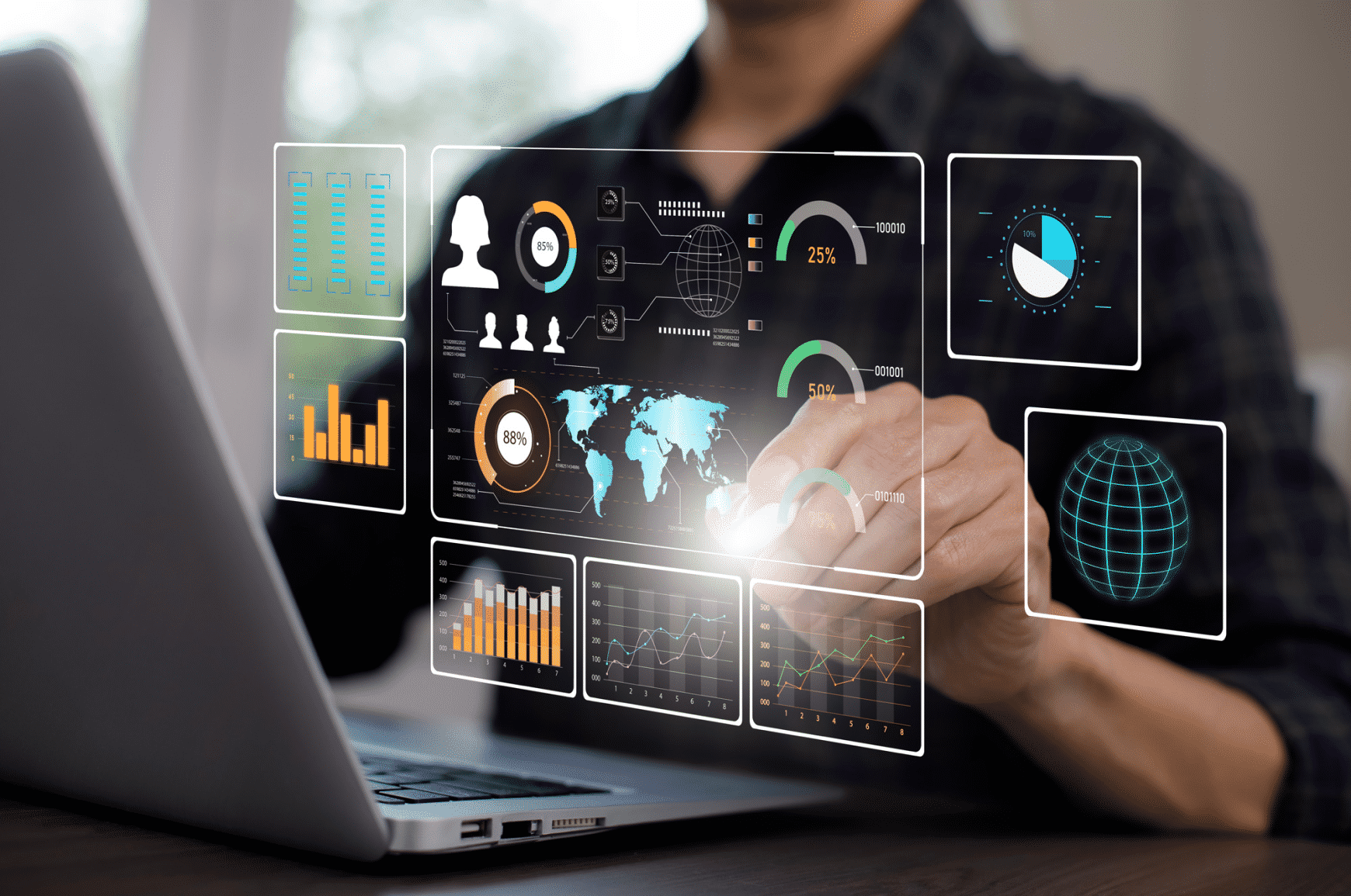 Website analytics floating in front of man