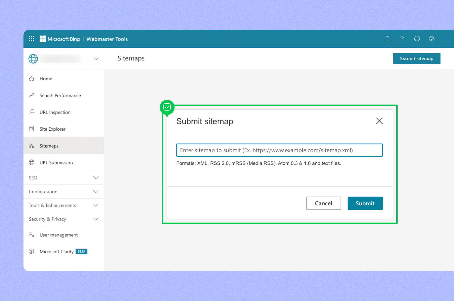 Submitting a sitemap via Bing Webmaster Tools
