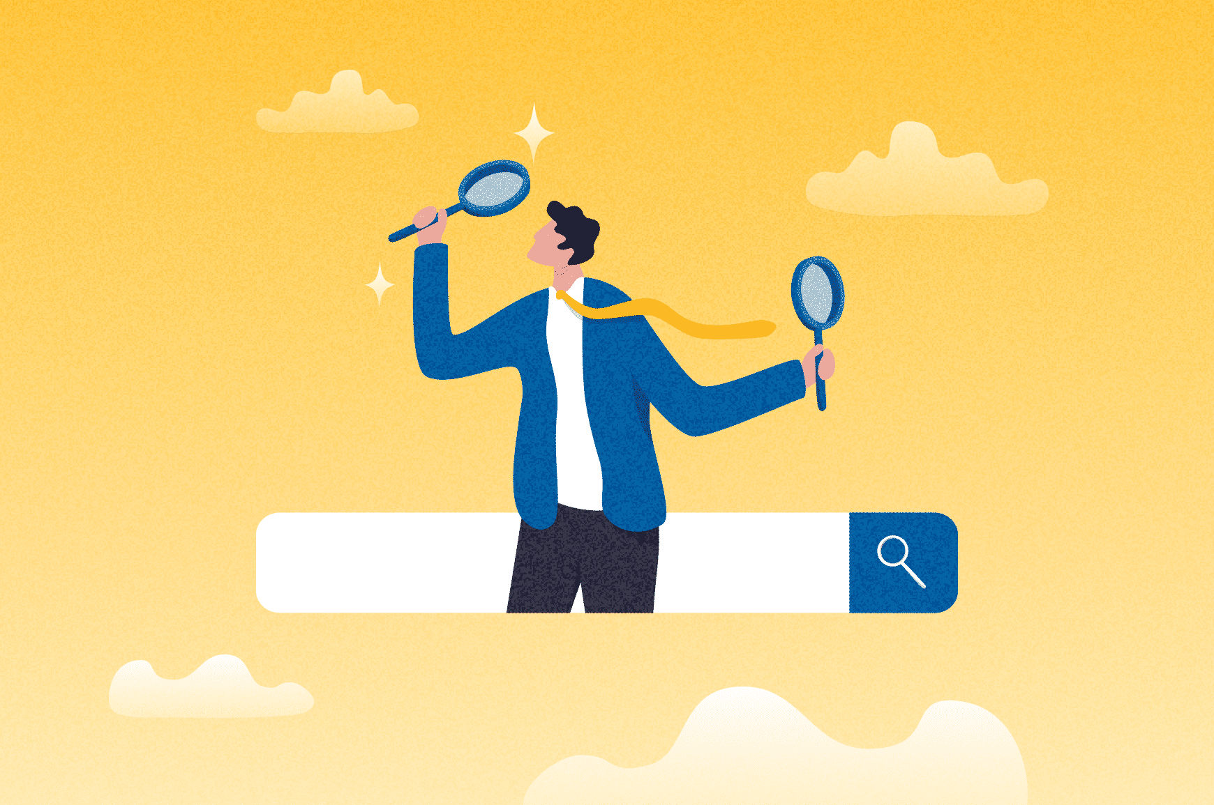 Man emerging from search bar with magnifying glasses in both hands