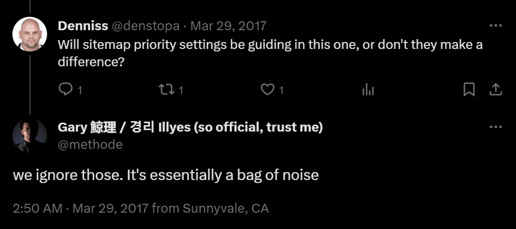 Tweet from Google’s Gary Illyes about sitemap priority being ignored
