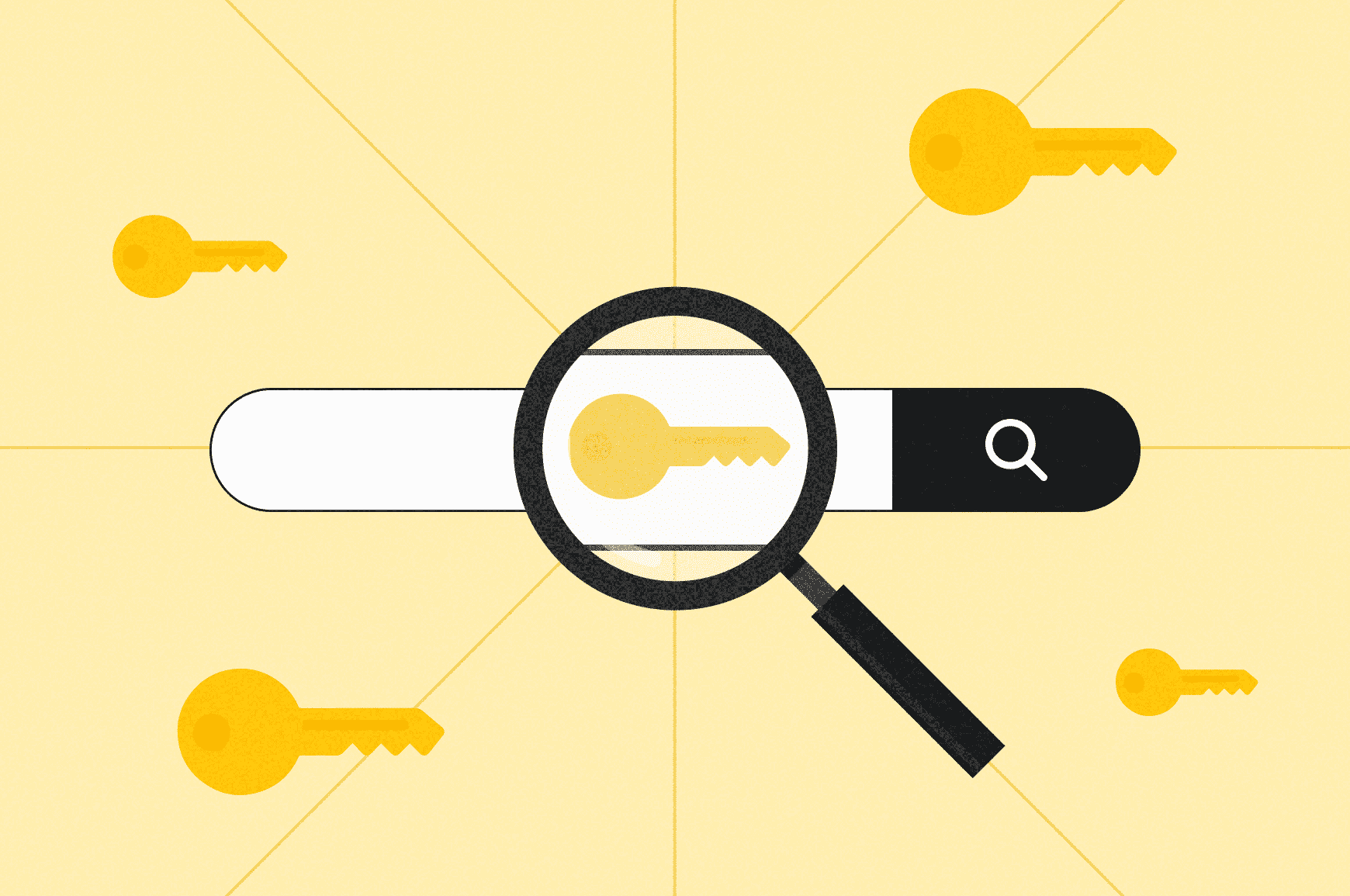Search bar with a key in it viewed through a magnifying glass