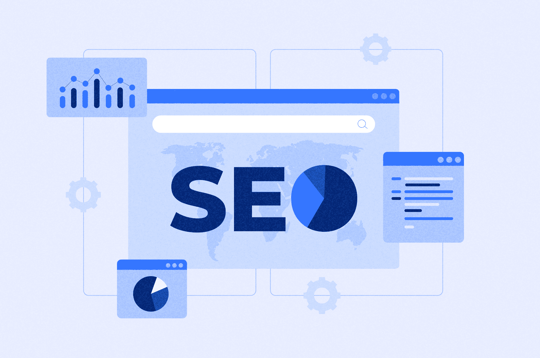 ‘SEO’ on top of a web page with a search bar and floating analytics icons