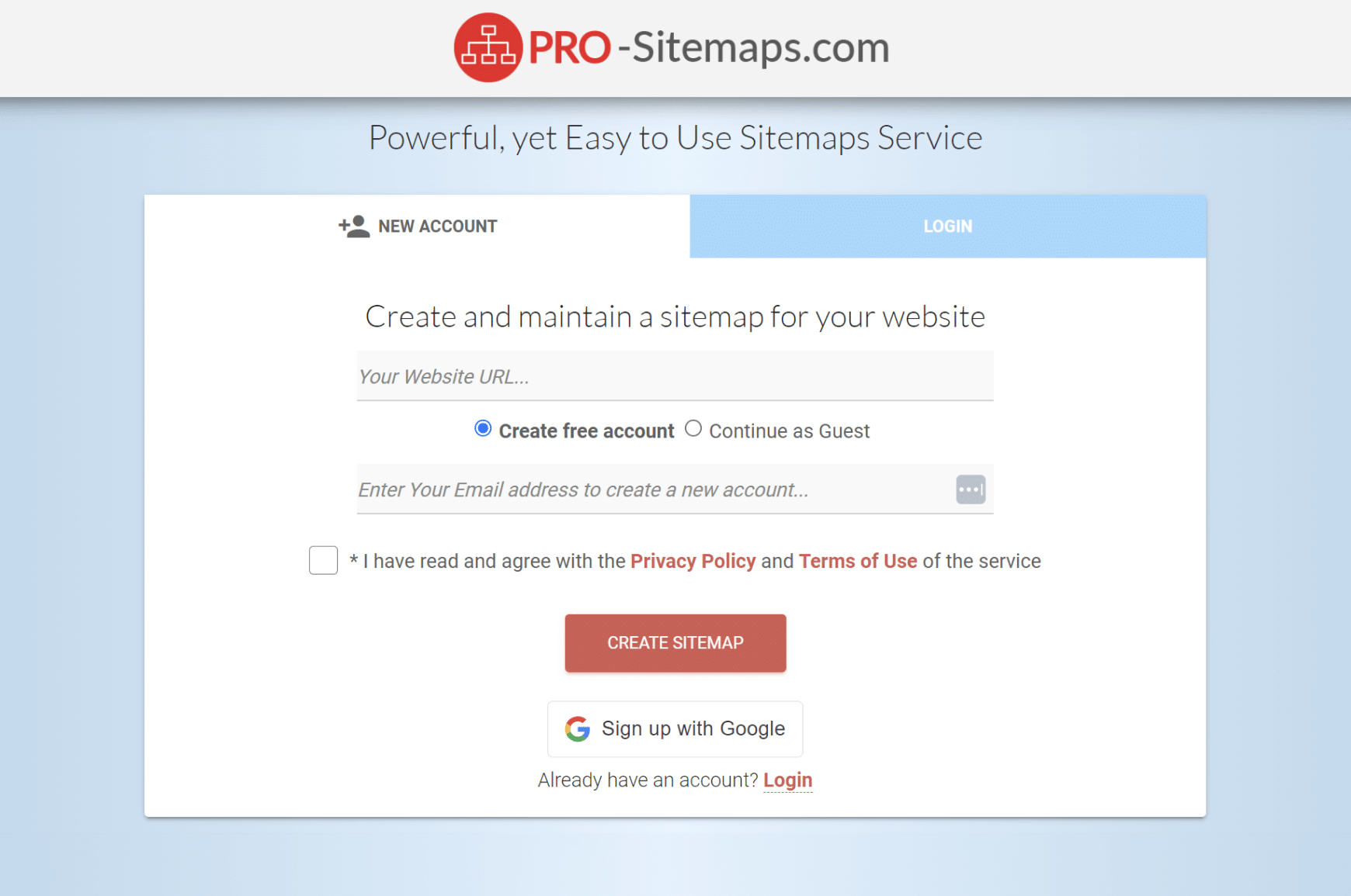 PRO Sitemaps landing screen and login