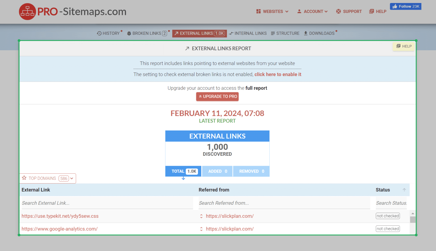PRO Sitemaps external links report