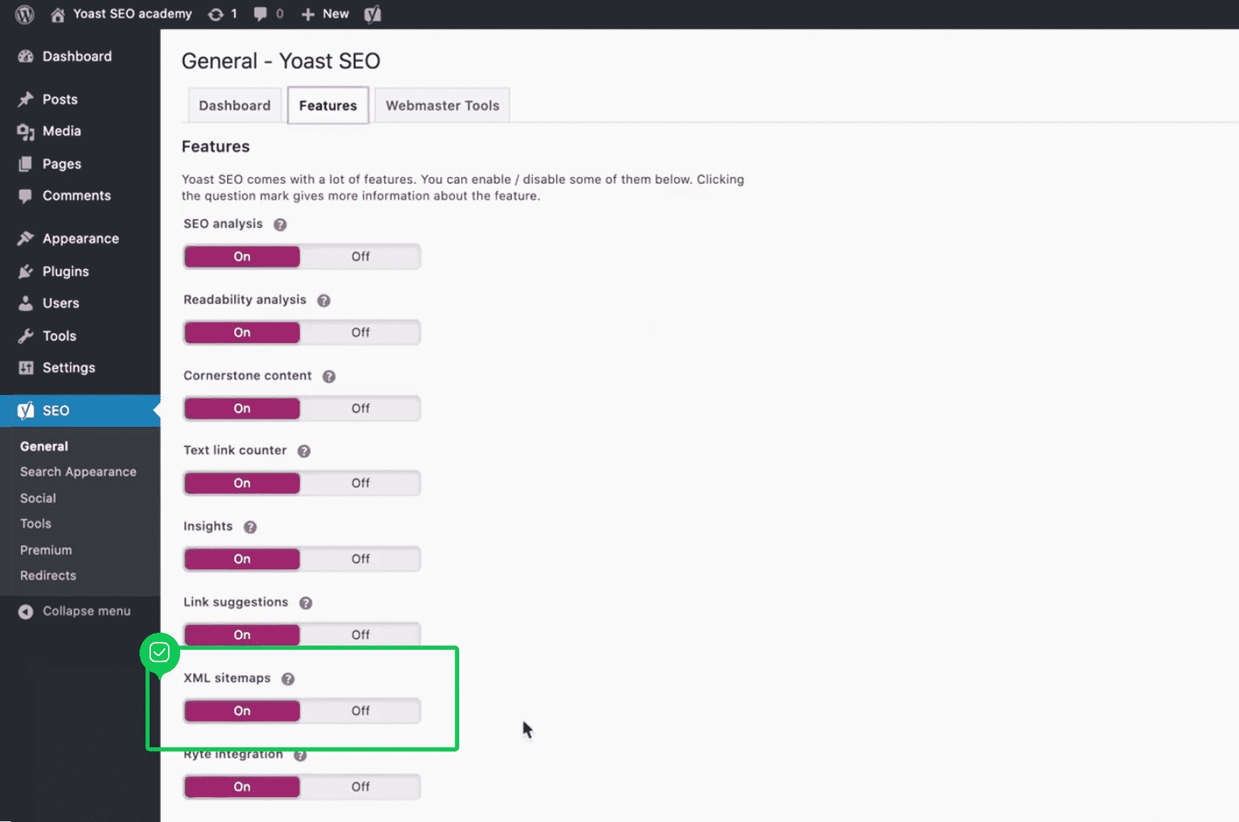 Yoast SEO user interface for exporting XML sitemap via WordPress