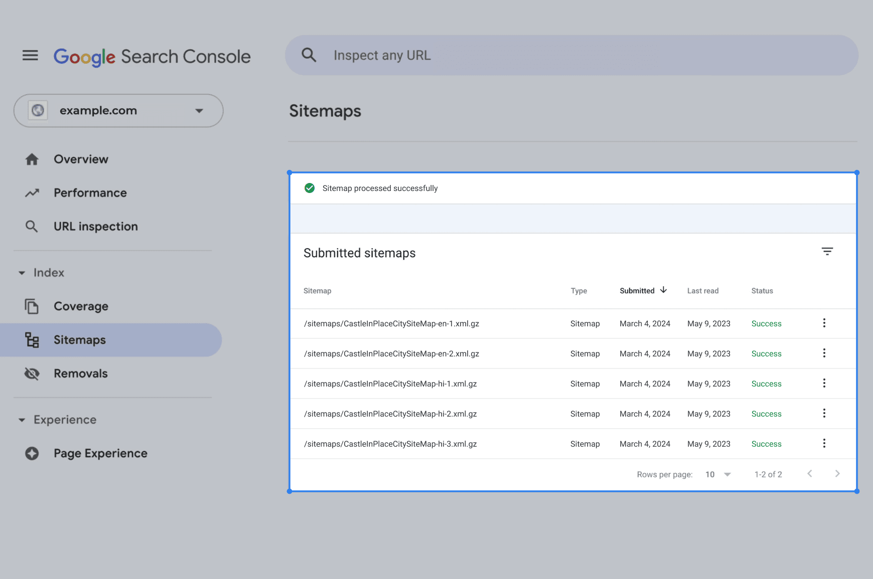 Submitted sitemap files in Google Search Console
