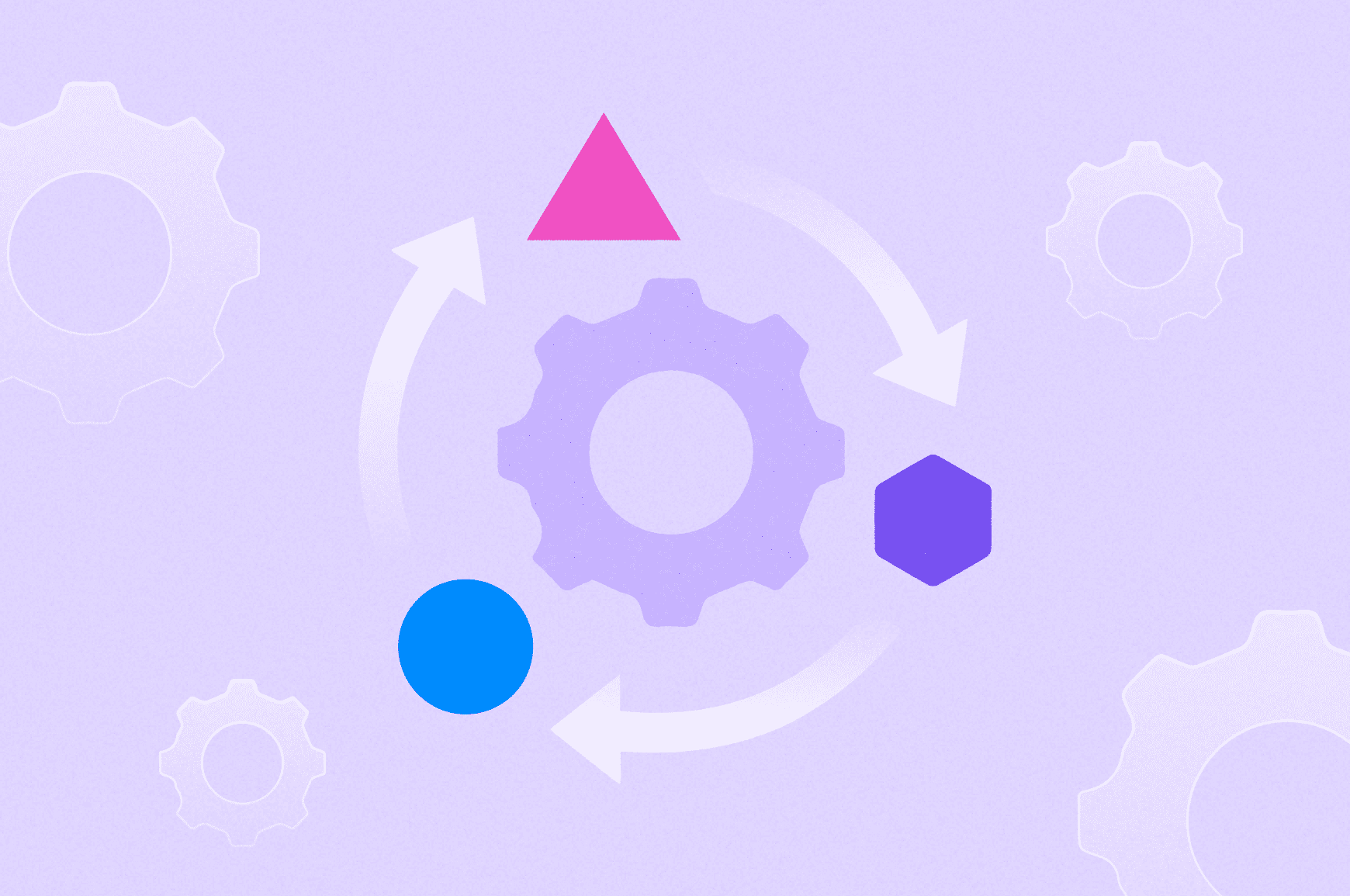 Gear representing optimization surrounded by shape icons circling around it with clockwise arrows