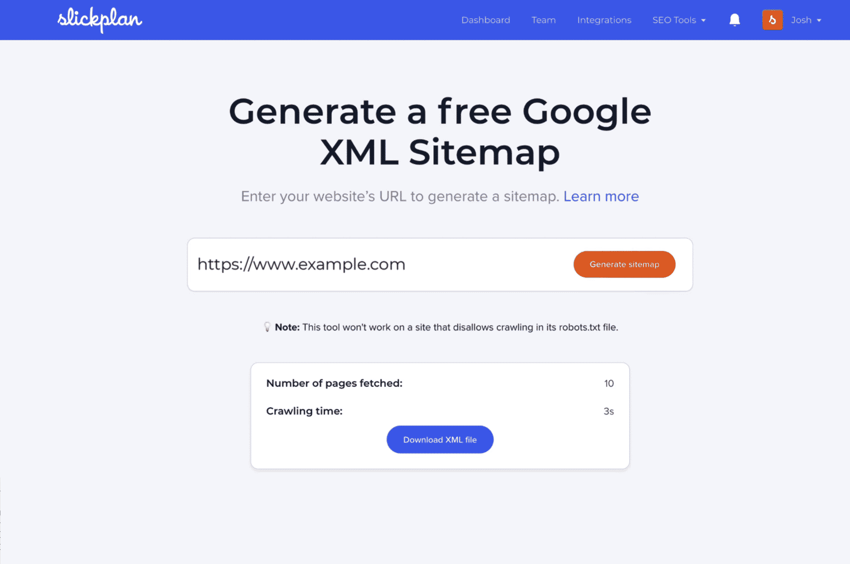 Slickplan’s XML sitemap generator user interface