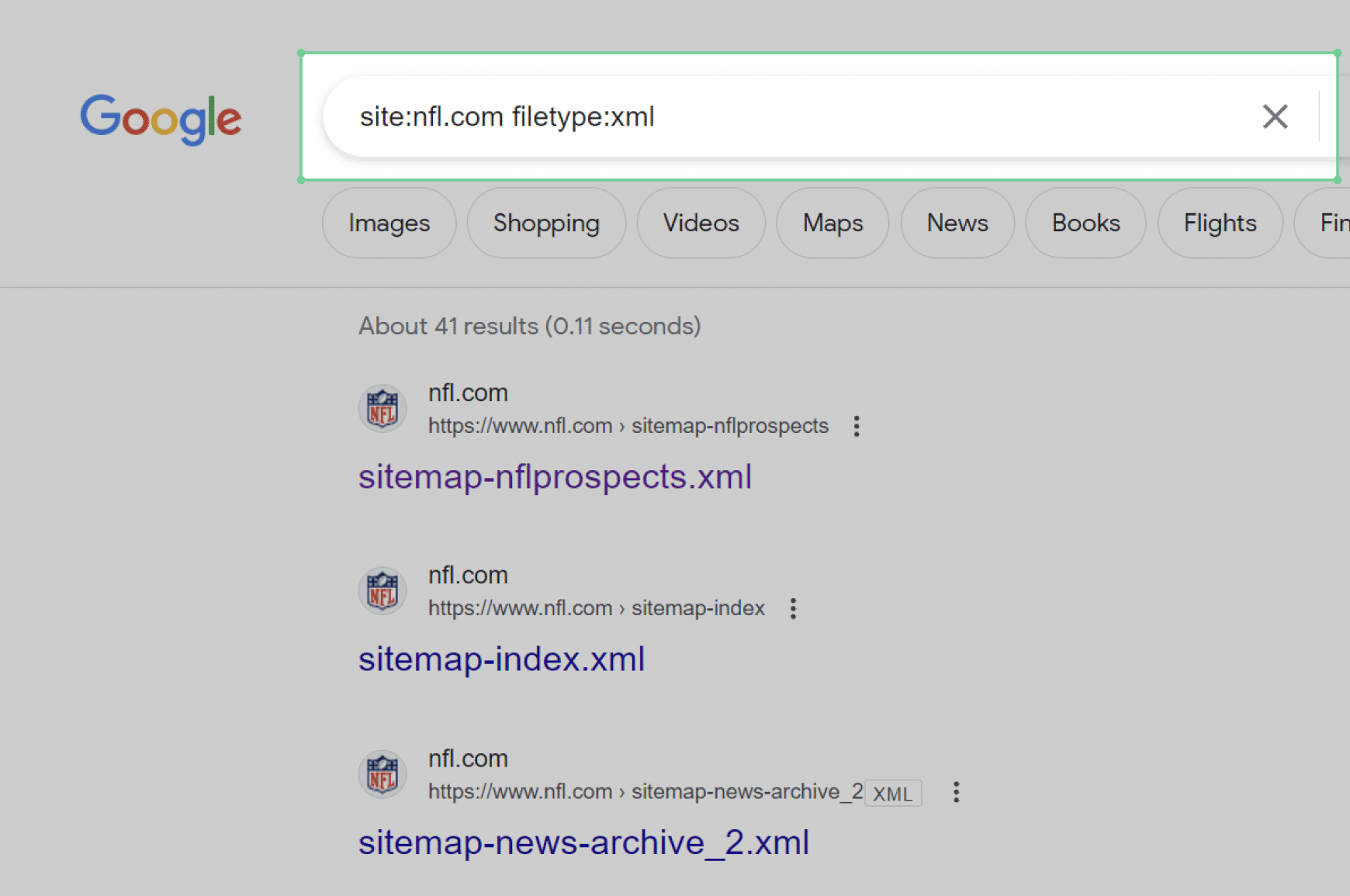 Google search for NFL.com sitemap using search operators for site and filetype