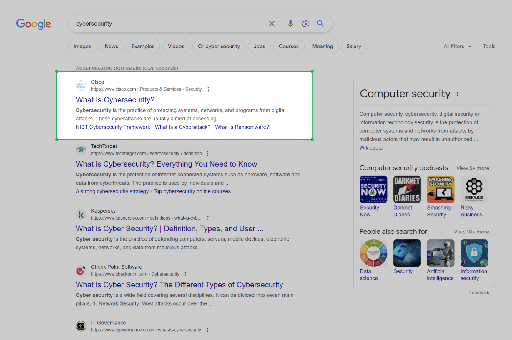 Google search engine results page (SERP) with #1 result for “cybersecurity” highlighted