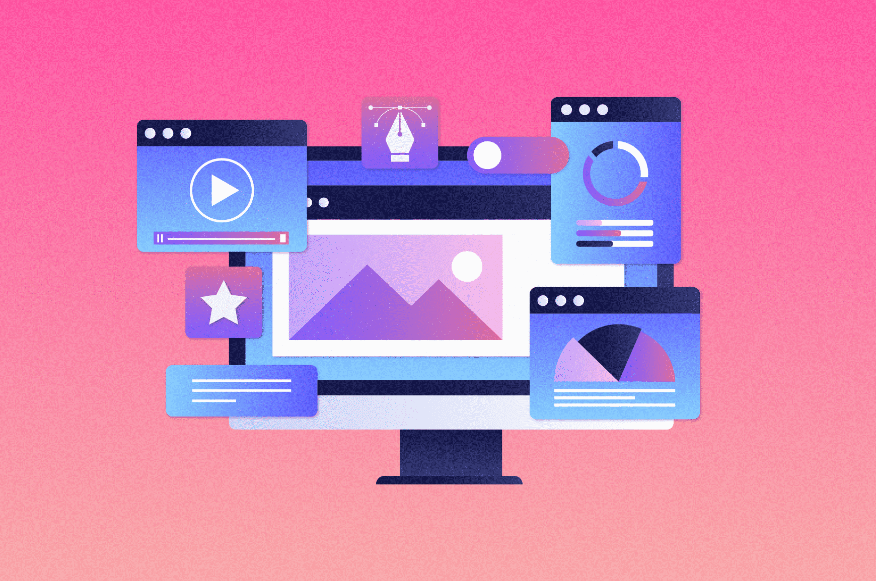 Visual elements like images, graphs and videos floating in front of computer