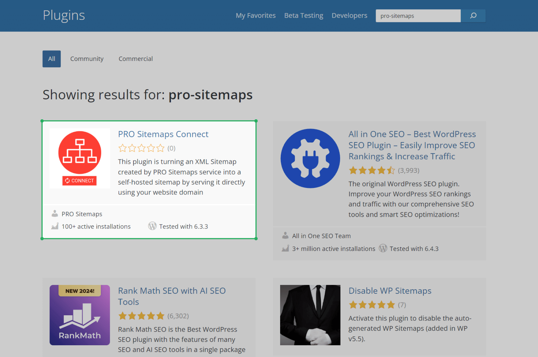 PRO Sitemaps WordPress plugin highlighted on WordPress Plugins page