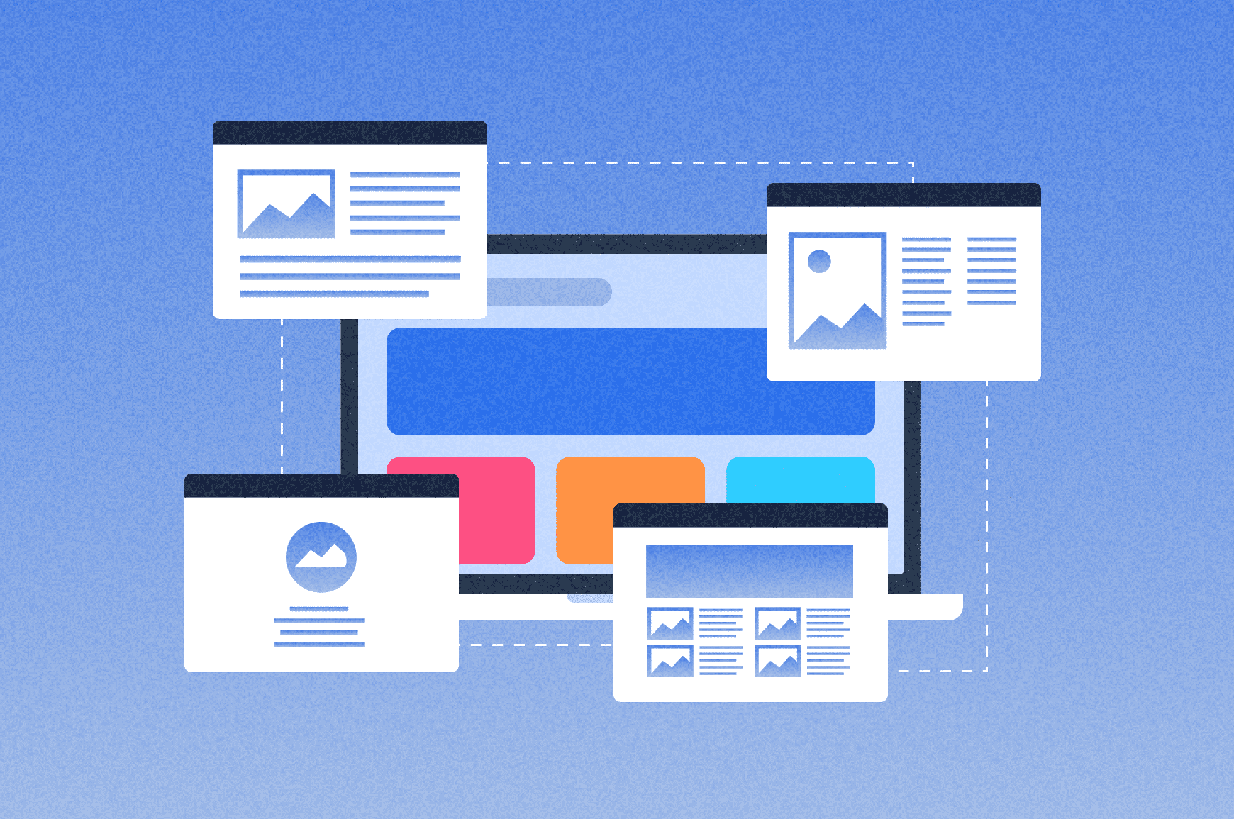 Building page structure with page elements floating in front of computer