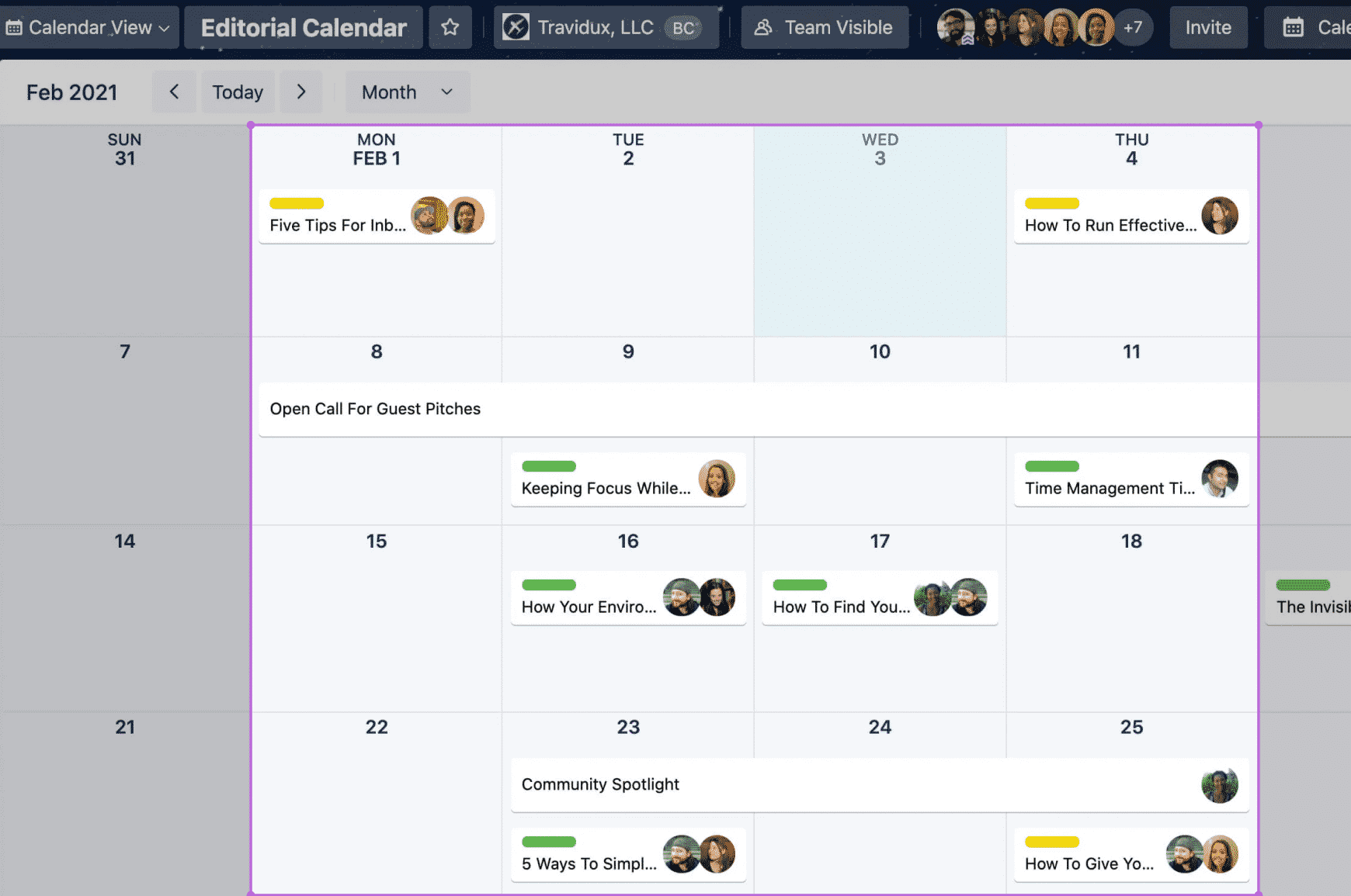 Editorial calendar showing scheduled content