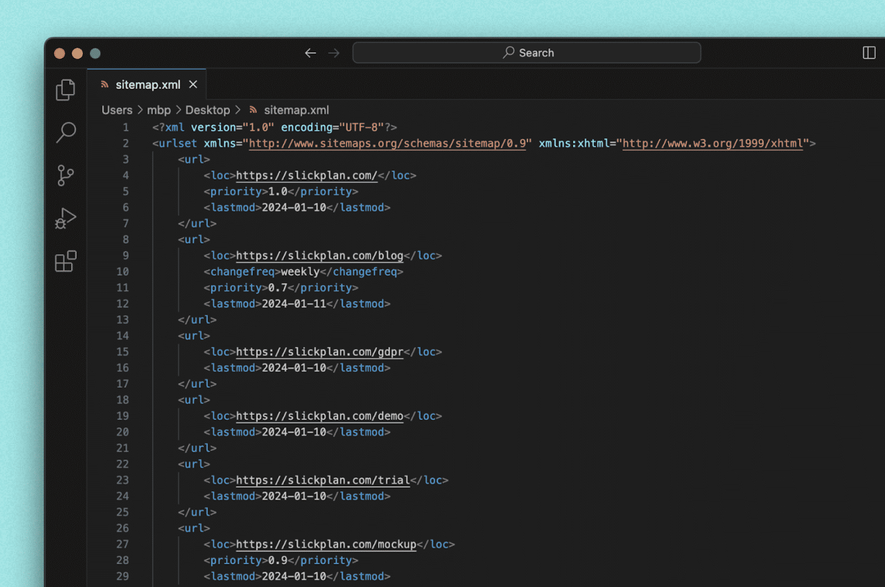 Part of XML sitemap for Slickplan