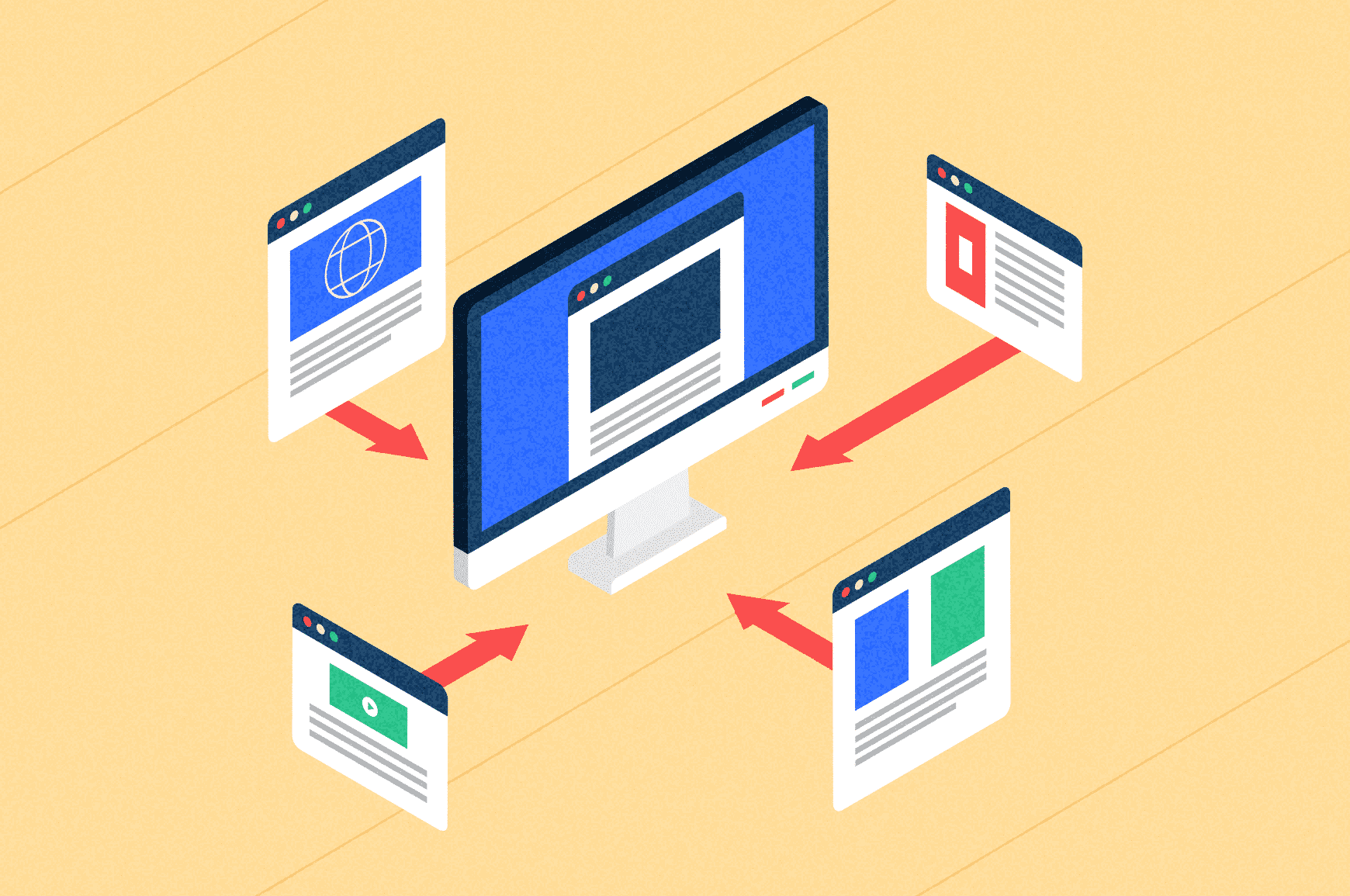 Arrows from main web pages point back to one