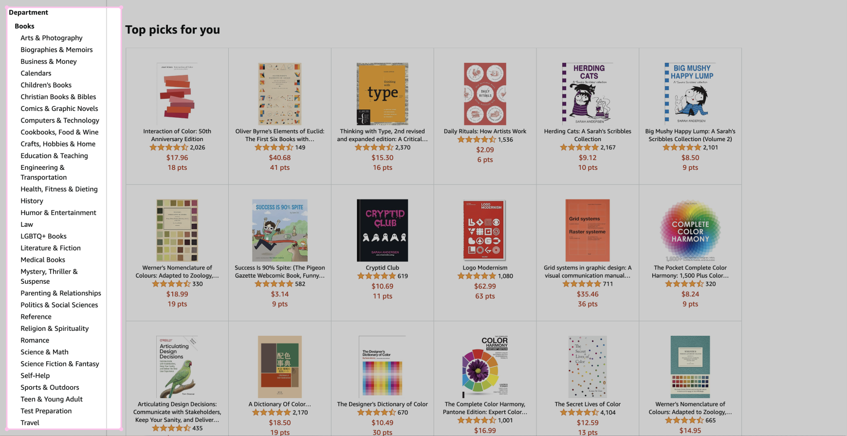 Amazon user interface with book subcategories highlighted