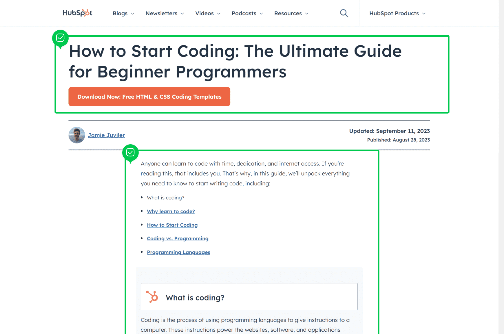 Headline and menu for HubSpot how-to guide about coding