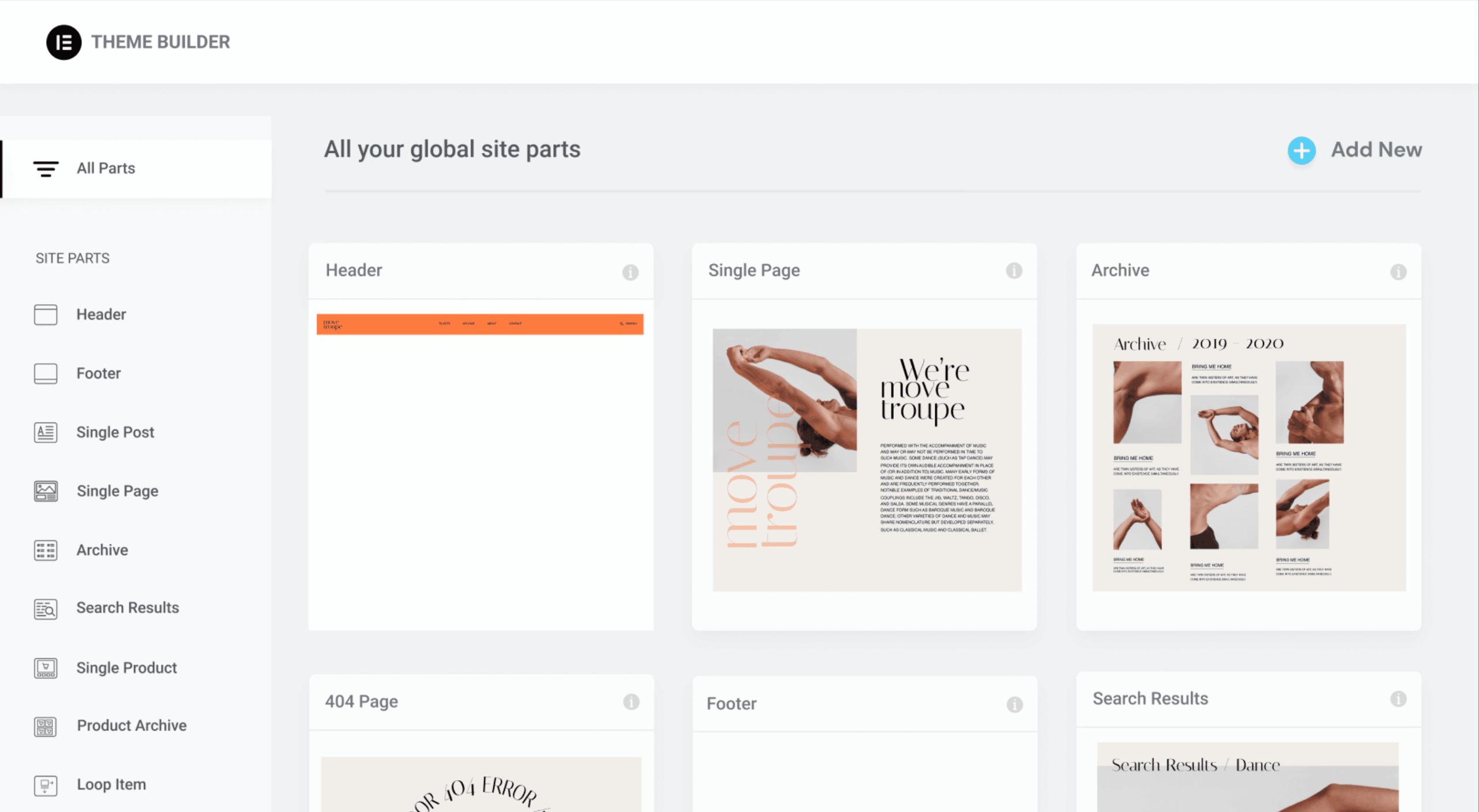 The user interface of Elementor’s Theme Builder showing global site parts for editing WordPress themes