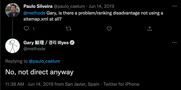 Screenshot of a tweet from Gary Illyes of Google responding to a question about the sitemap SEO importance, he implies they have no direct correlation with SEO