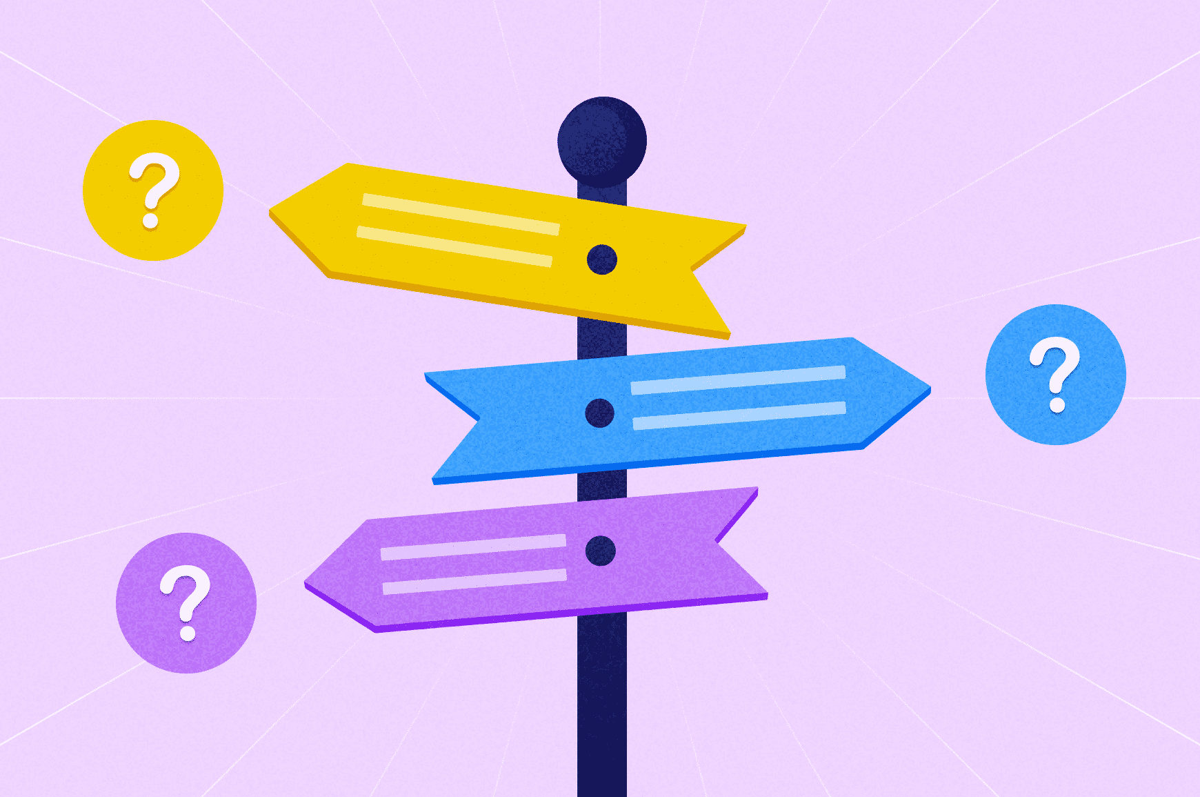 Yellow, blue and purple direction arrows pointing in different directions