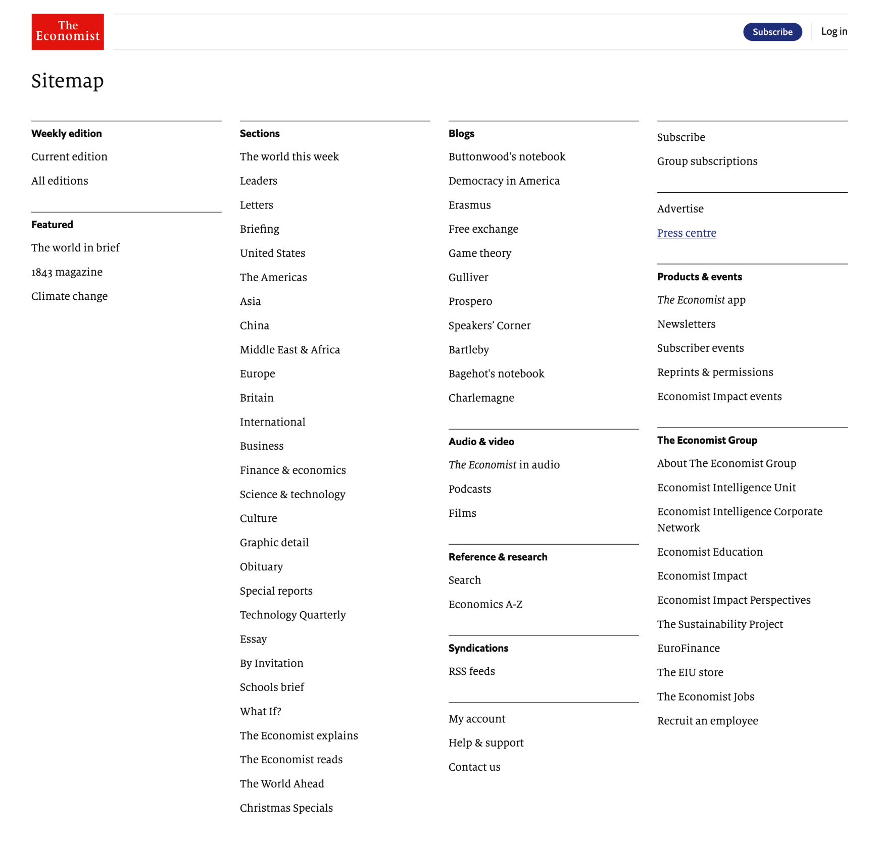HTML sitemap on The Economist website