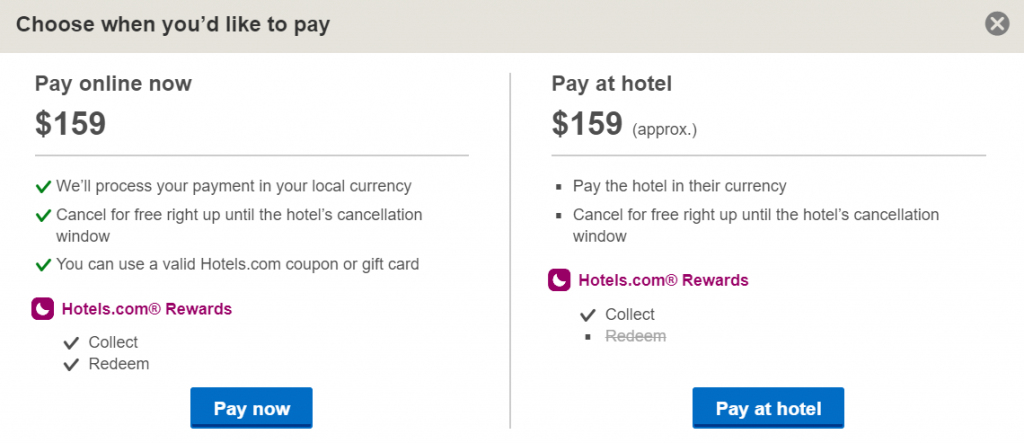 pay options hotel