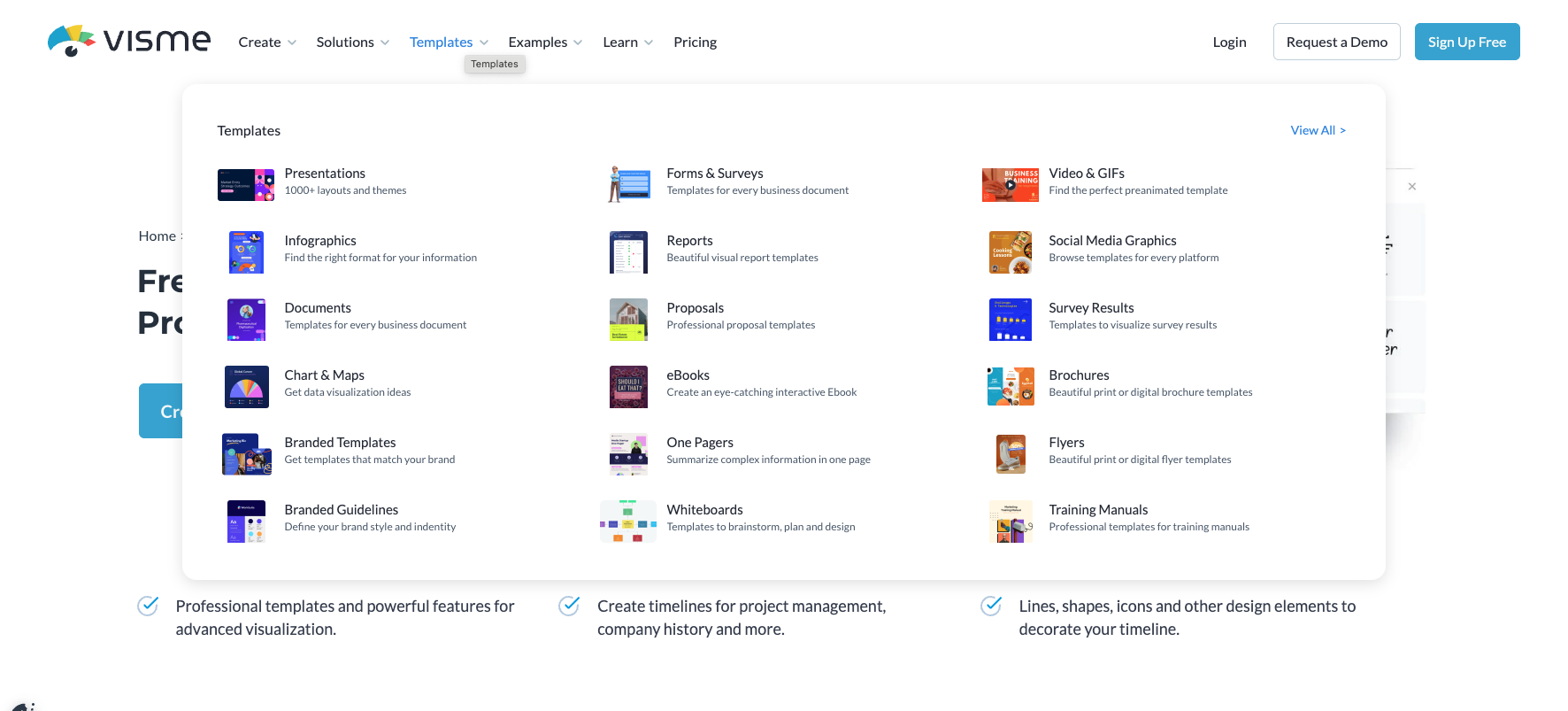 Visme’s timeline-making website highlighting the template tab
