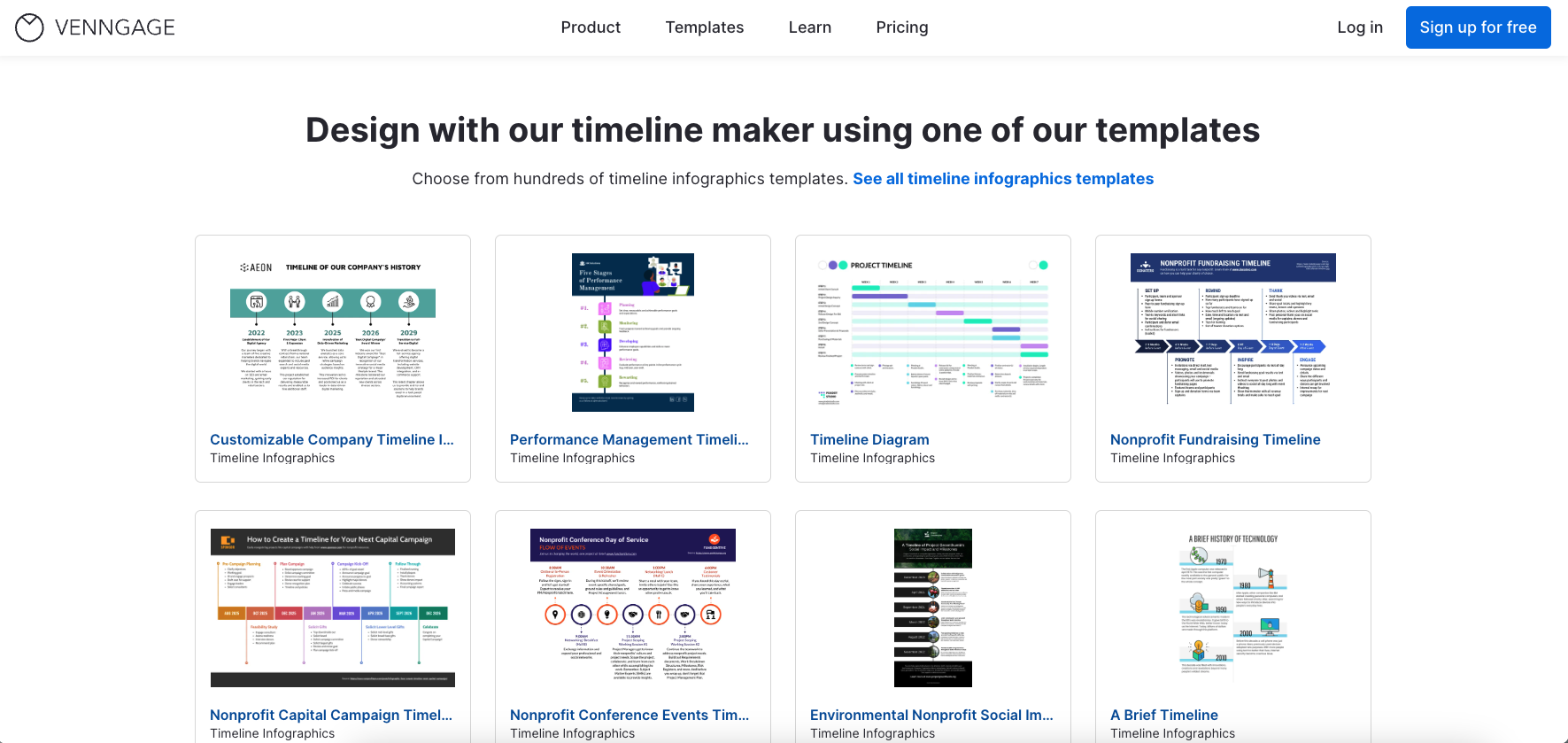 The homepage for the Venngage free online timeline maker