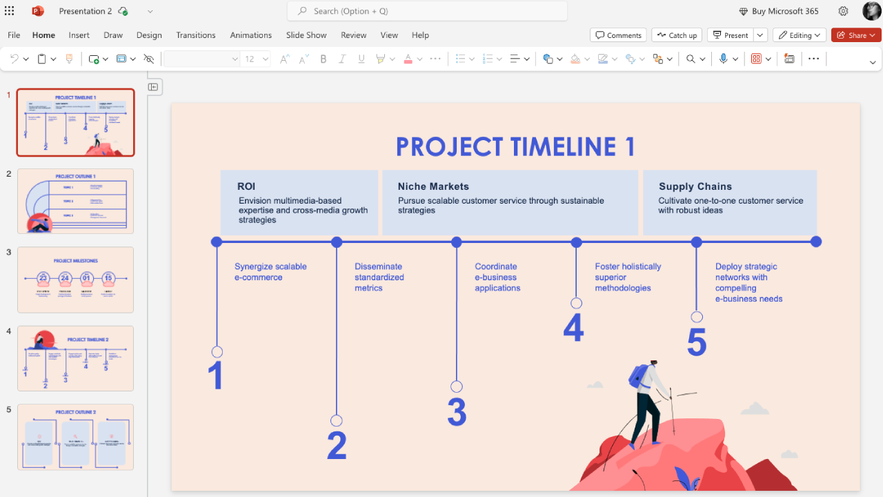 Microsoft PowerPoint user interface with project showing multiple timeline template options