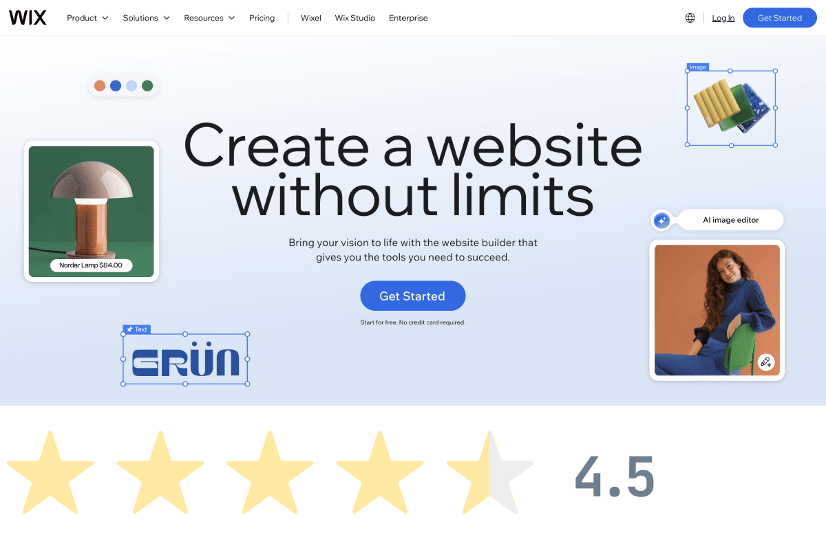 Wix homepage screenshot with a 4.5-star rating highlighting ease-of-use and website builder features.